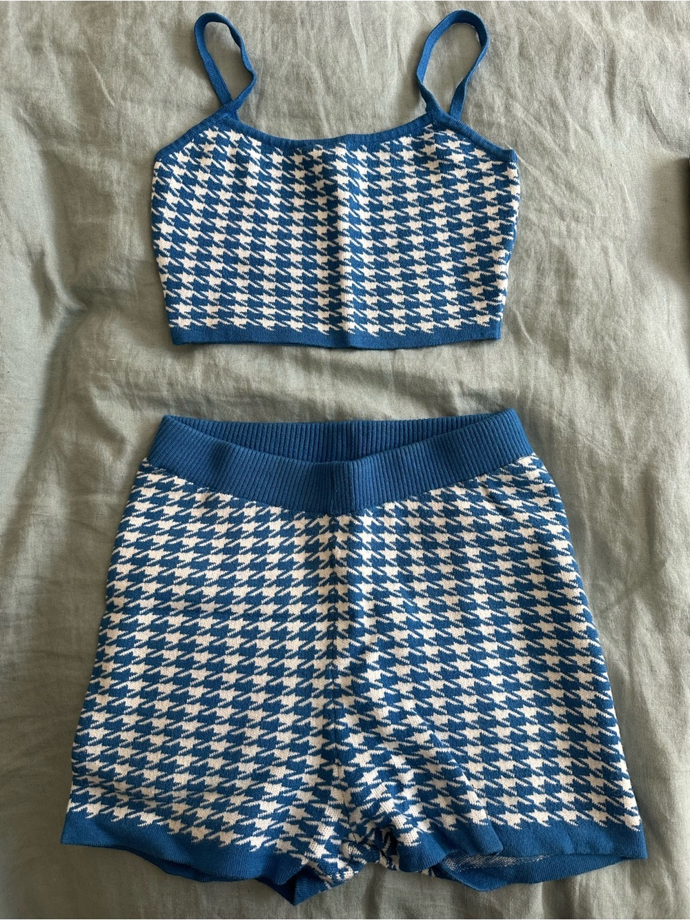 Princess Polly Blue and White Houndstooth Knit Tank and Shorts Set